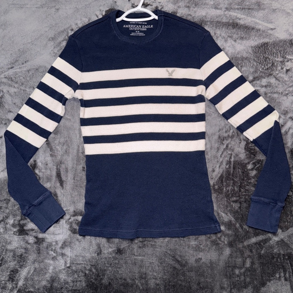 American Eagle‎ Mens M Blue White Striped Waffle Knit Thermal Shirt 100% Cotton